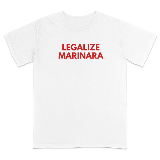 Funny Italian food graphic white t-shirt featuring the phrase “Legalize Marinara” in bold red lettering, perfect for pasta lovers, Italian heritage celebrations, family dinners, food festivals, and casual everyday wear.