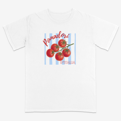 Vintage-inspired Italian heritage graphic white tee featuring “Pomodori D’Italia” with vine-ripened tomatoes and retro striped artwork, blending classic Italian market aesthetics with bold everyday streetwear style.