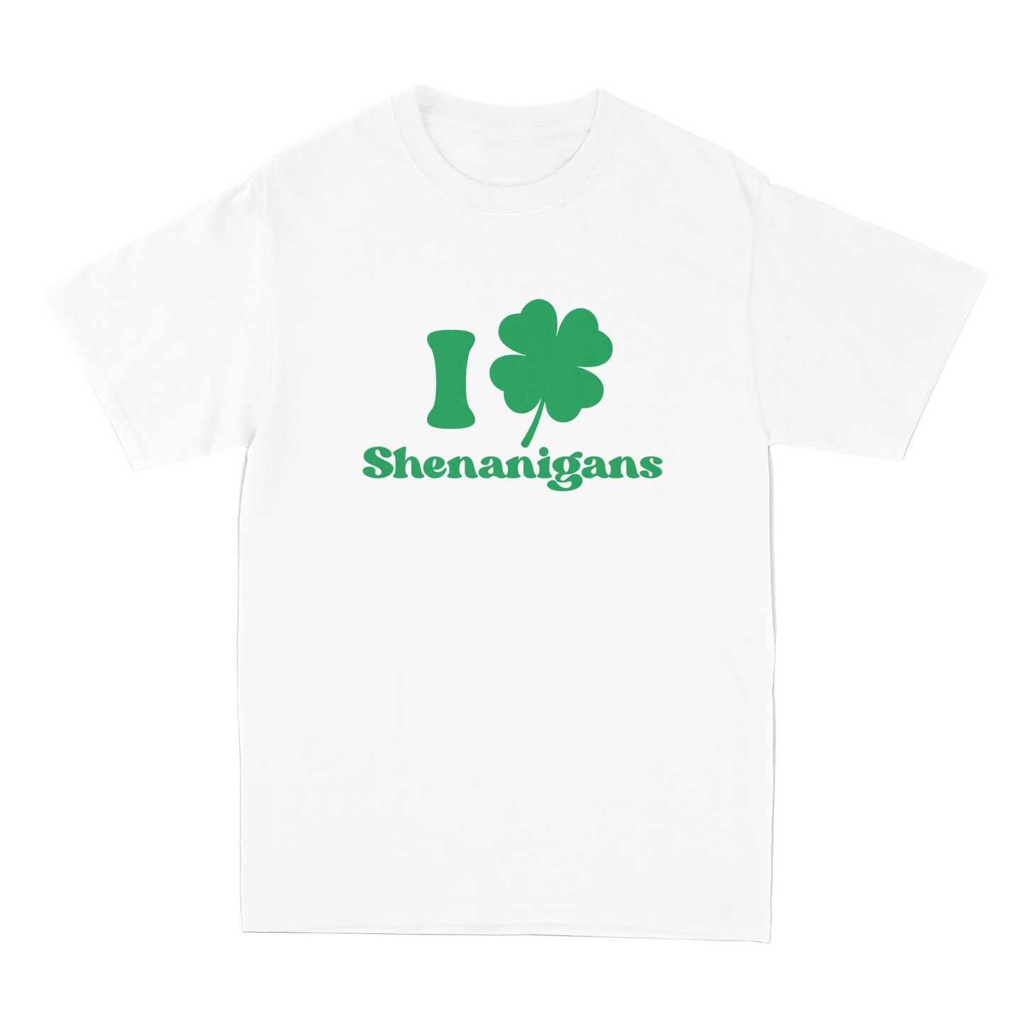 White t-shirt with green text and shamrock design on a gray background