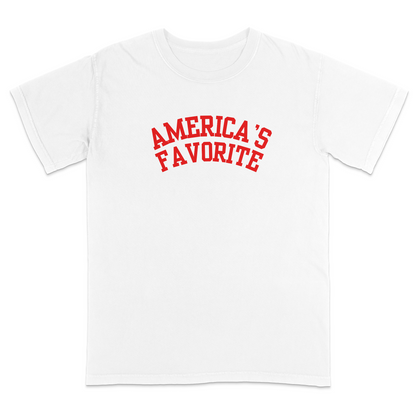 White patriotic graphic tee with bold red varsity-style “America’s Favorite” lettering, featuring a clean minimalist Americana design perfect for casual Fourth of July and USA pride apparel.