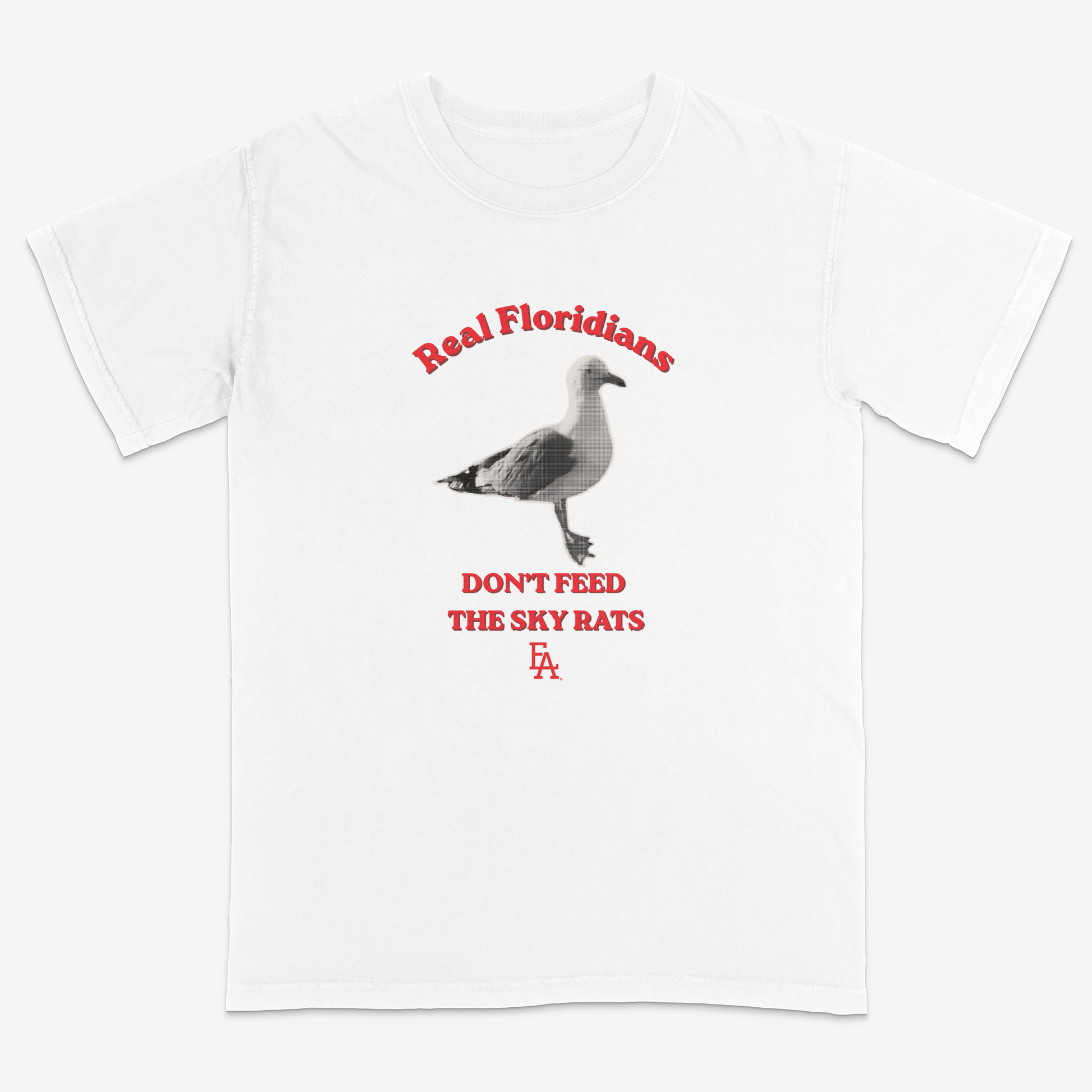 White t-shirt with a graphic of a seagull and text on a white background