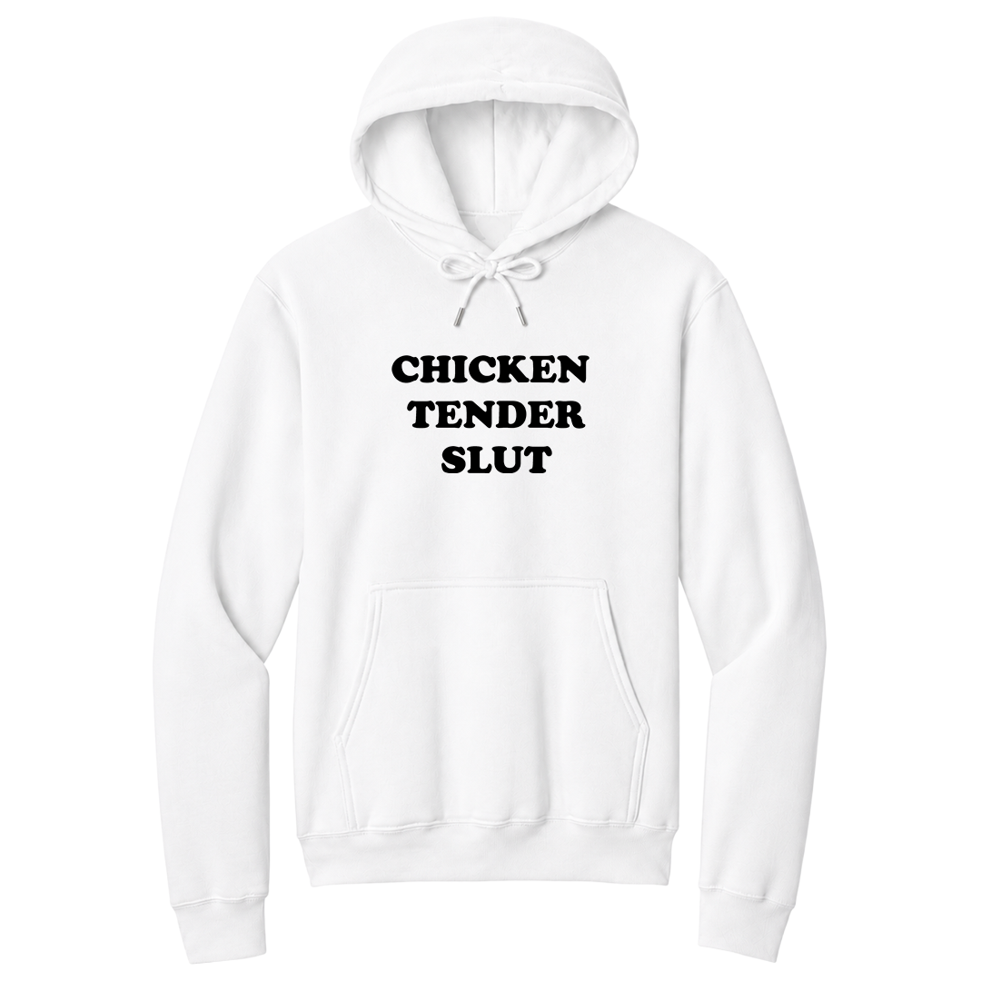 Front view of a white pullover hoodie featuring the bold black stacked phrase "CHICKEN TENDER SLUT" in large retro bubble lettering centered on the chest. The minimalist design contrasts sharply against the black fabric for a clean, eye-catching look, creating a funny foodie-themed hoodie with vintage-inspired typography and a playful sarcastic aesthetic.