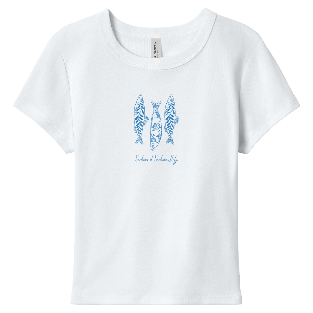 Minimal coastal-inspired sardine graphic baby tee featuring hand-drawn blue fish illustrations with “Sardines of Sardinia, Italy” script for a clean Mediterranean aesthetic and vintage seaside vibe.