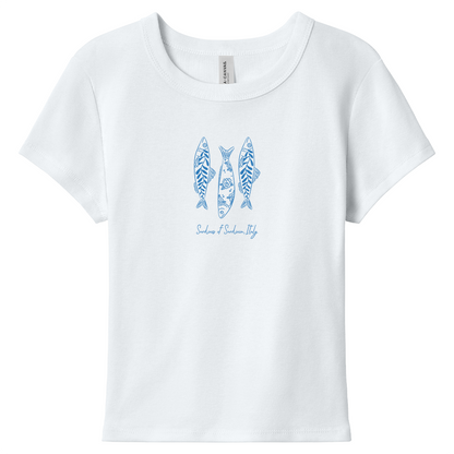 Minimal coastal-inspired sardine graphic baby tee featuring hand-drawn blue fish illustrations with “Sardines of Sardinia, Italy” script for a clean Mediterranean aesthetic and vintage seaside vibe.