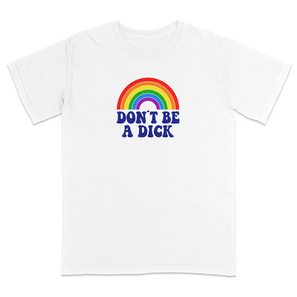 Front view of an white graphic T-shirt featuring a retro-style rainbow above the bold navy phrase "DON'T BE A DICK." This vintage-inspired humor tee combines colorful retro aesthetics with a funny, blunt message, making it perfect for casual everyday wear and conversation-starting style.