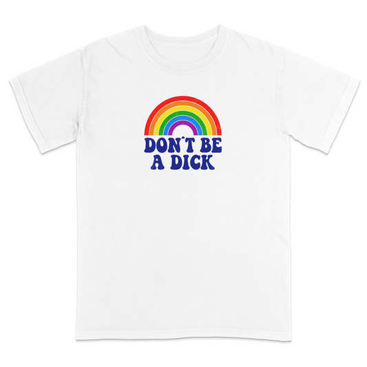 Front view of an white graphic T-shirt featuring a retro-style rainbow above the bold navy phrase "DON'T BE A DICK." This vintage-inspired humor tee combines colorful retro aesthetics with a funny, blunt message, making it perfect for casual everyday wear and conversation-starting style.