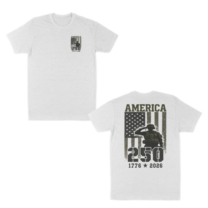 White patriotic military graphic t-shirt featuring a small “America 250” chest print and large back design with saluting soldier, distressed American flag, and “1776–2026” anniversary artwork.