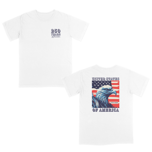 Patriotic Americana graphic tee featuring a bold eagle and American flag back print with “United States of America” typography and a “250 Years of Freedom” front chest design celebrating 1776–2026.