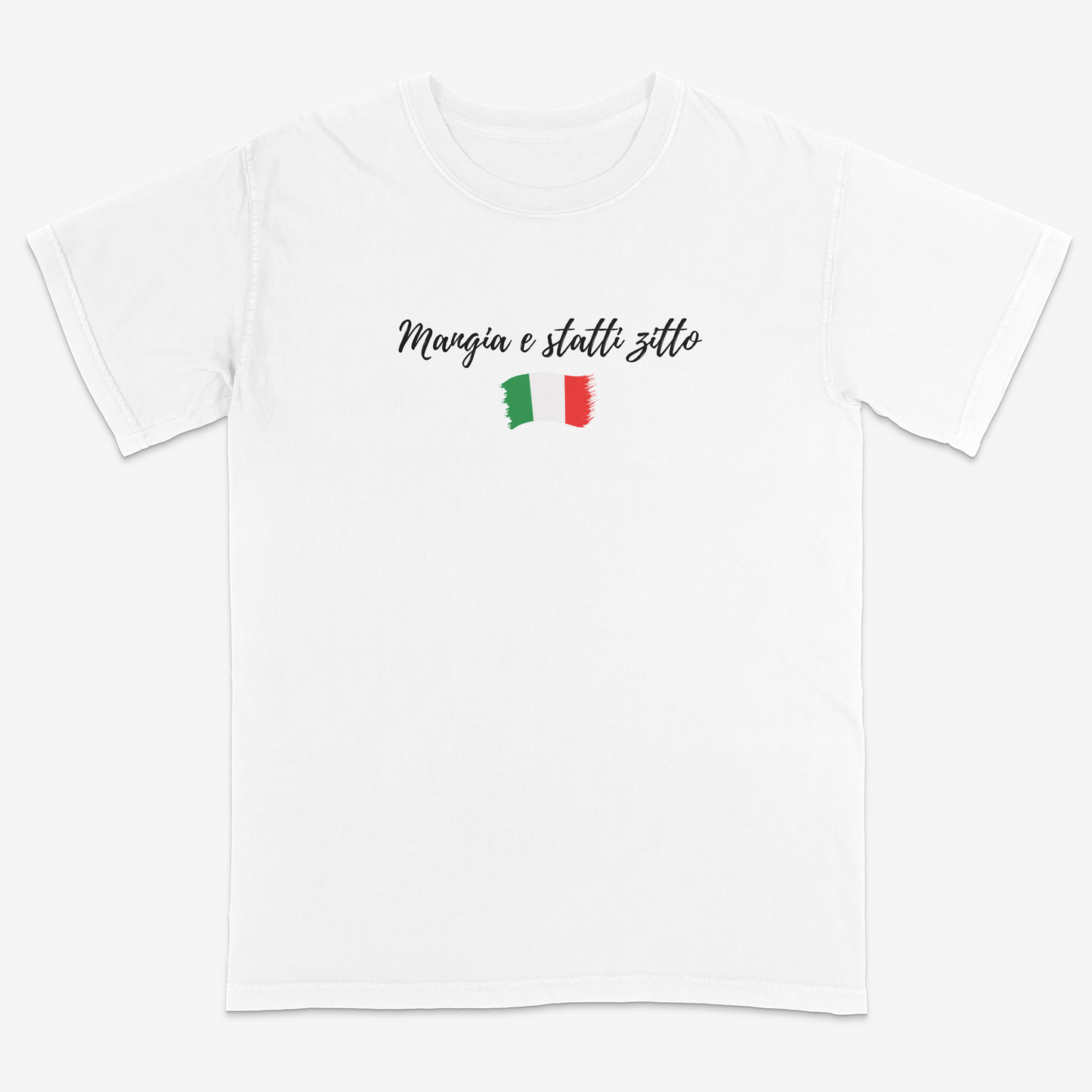 White Italian heritage graphic tee featuring the phrase “Mangia e statti zitto” with a distressed Italian flag graphic, blending classic Italian humor, family culture, and minimalist everyday style.