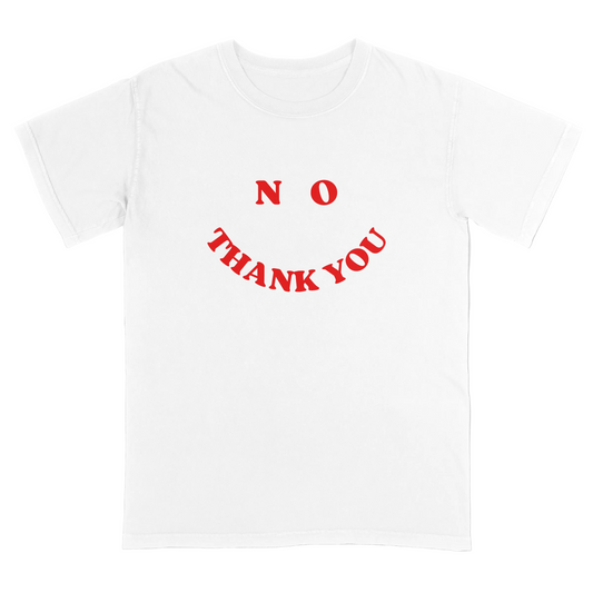White t-shirt with red text 'NO THANK YOU' on a light gray background