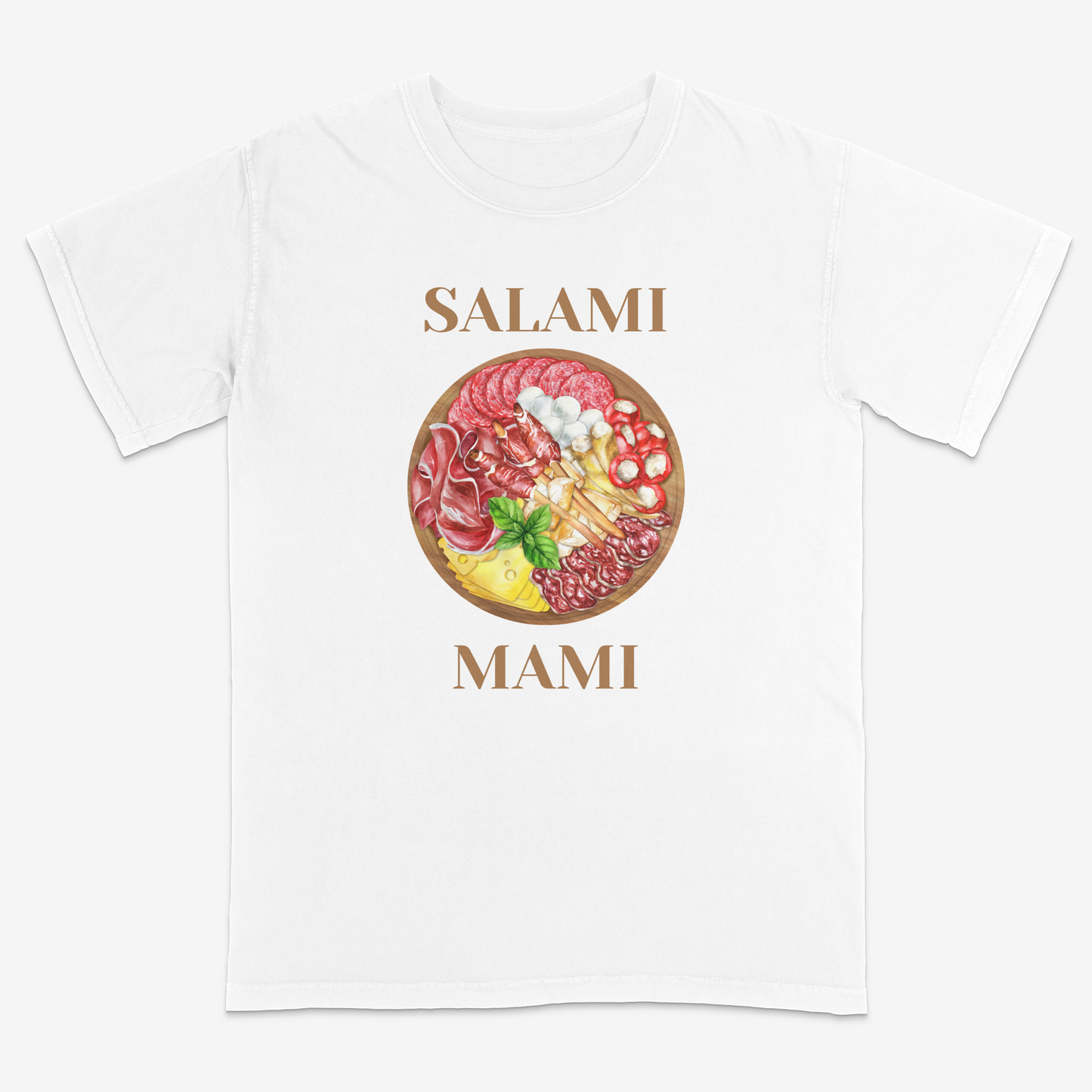 Funny Italian-inspired “Salami Mami” white graphic tee featuring a detailed charcuterie board illustration with cured meats, cheeses, and antipasto elements for a playful foodie streetwear aesthetic.