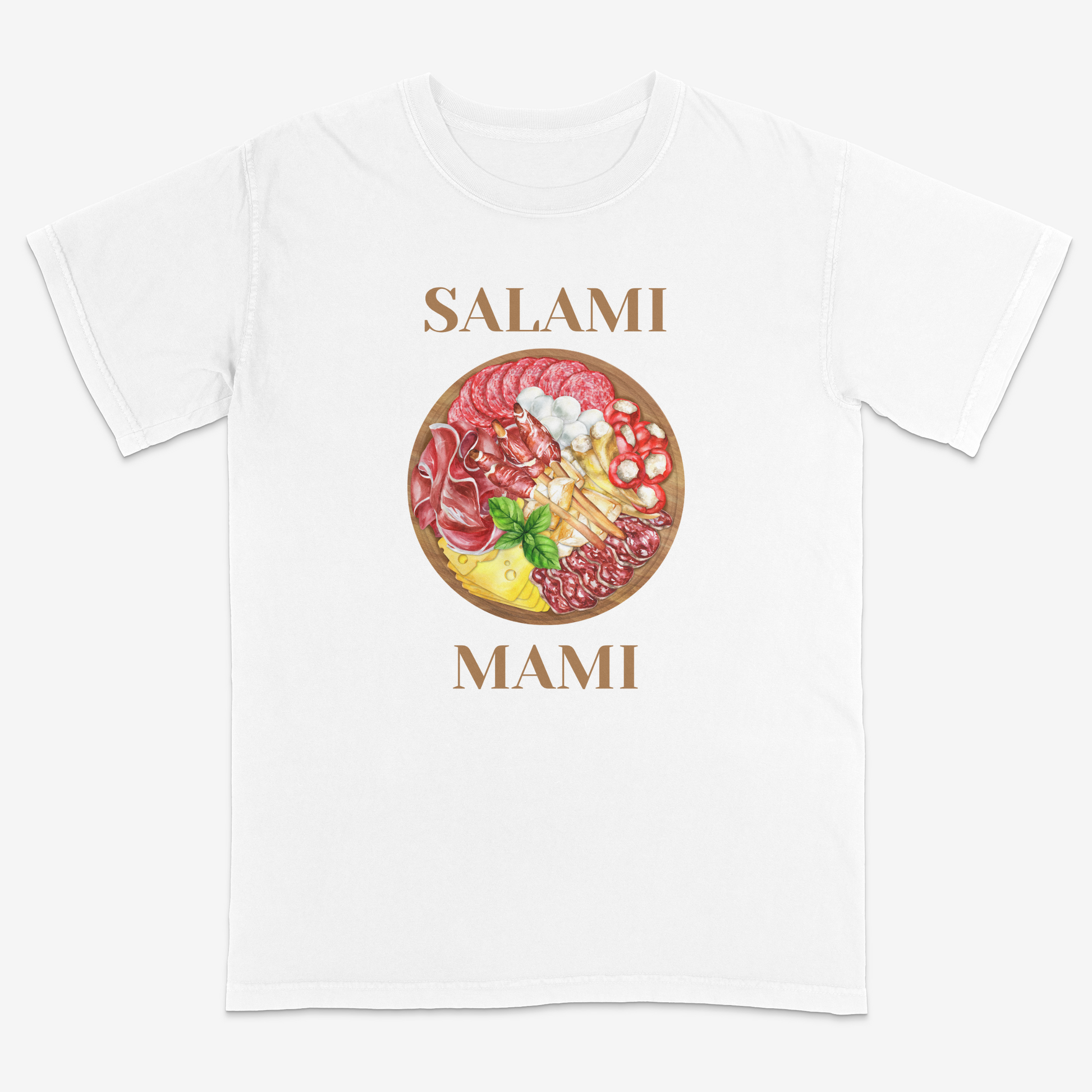 Funny Italian-inspired “Salami Mami” white graphic tee featuring a detailed charcuterie board illustration with cured meats, cheeses, and antipasto elements for a playful foodie streetwear aesthetic.