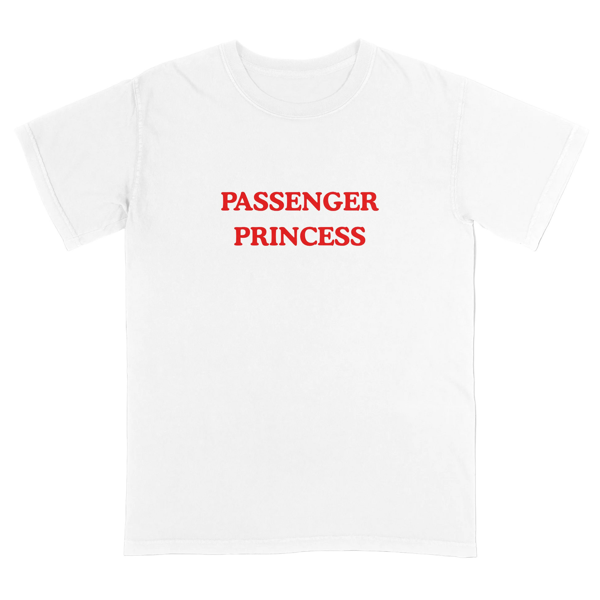 White t-shirt with 'Passenger Princess' text in red on a light gray background