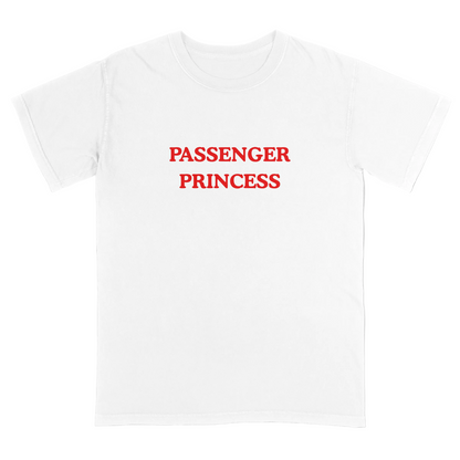 White t-shirt with 'Passenger Princess' text in red on a light gray background