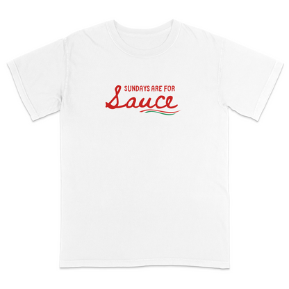 White Italian heritage t-shirt featuring the phrase “Sundays Are For Sauce” in bold red script with an Italian flag accent underneath. Funny Italian-American apparel celebrating traditional Sunday dinners, homemade pasta sauce, family gatherings, and Italian culture. Perfect for food lovers, family events, Italian festivals, holiday meals, and anyone proud of their Italian roots and Sunday traditions.