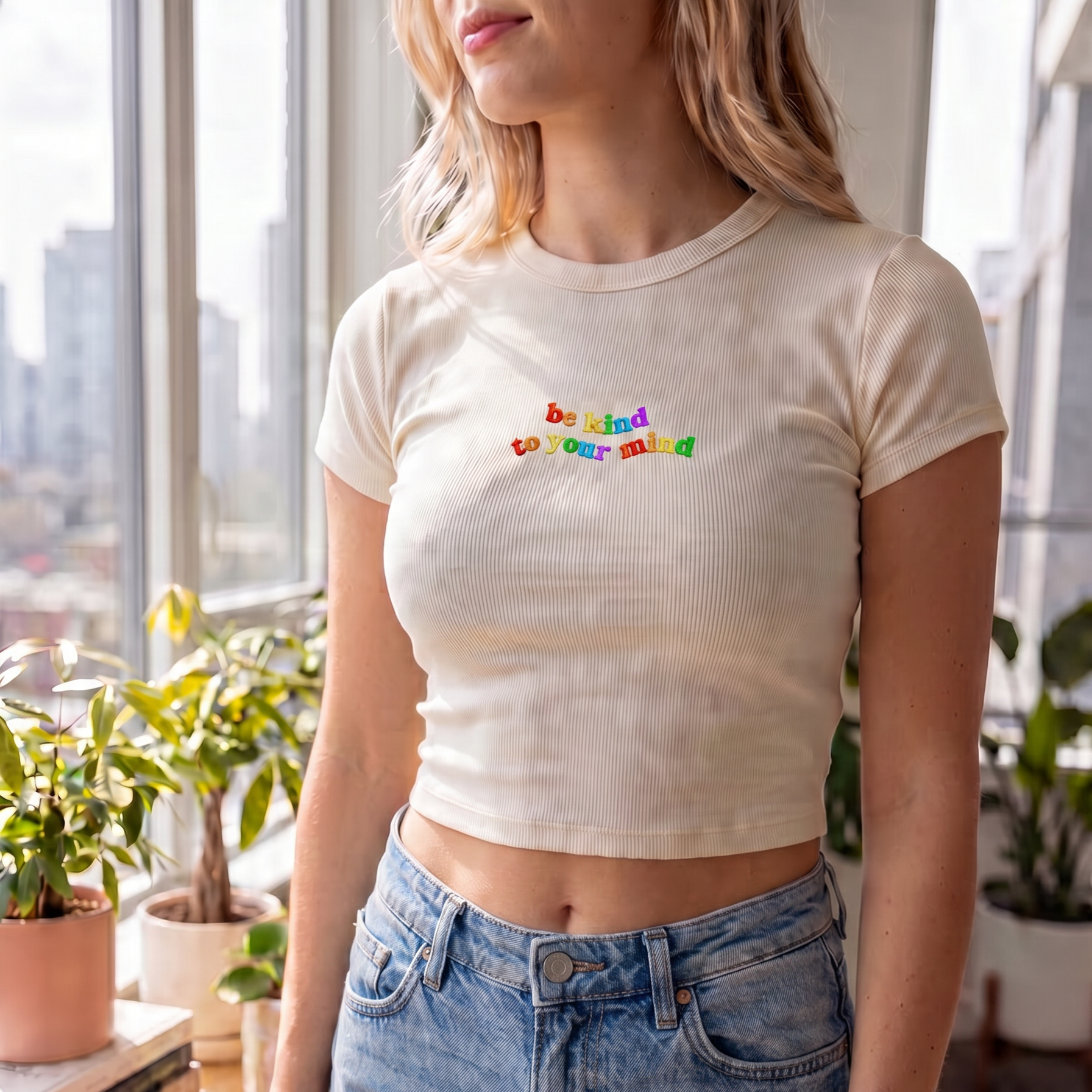Woman wearing a cream ribbed crop top embroidered with colorful “be kind to your mind” text, paired with light-wash jeans in a bright sunlit room.