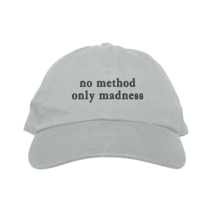 Gray cap with 'no method only madness' text on a white background