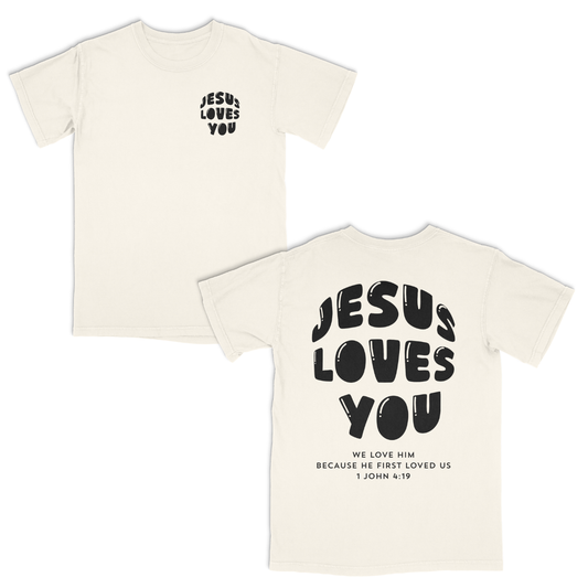 Ivory t-shirt with 'Jesus Loves You' text on front and back