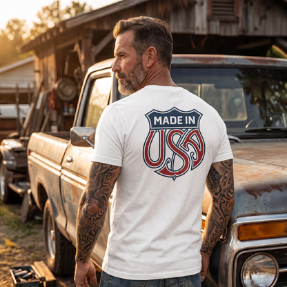 Man standing beside a vintage pickup truck wearing a white patriotic t-shirt featuring a bold “Made in USA” shield-style graphic on the back. Rustic farm and classic truck setting highlight American pride, USA-made values, freedom, hardworking heritage, patriotic apparel, country lifestyle, and traditional Americana.