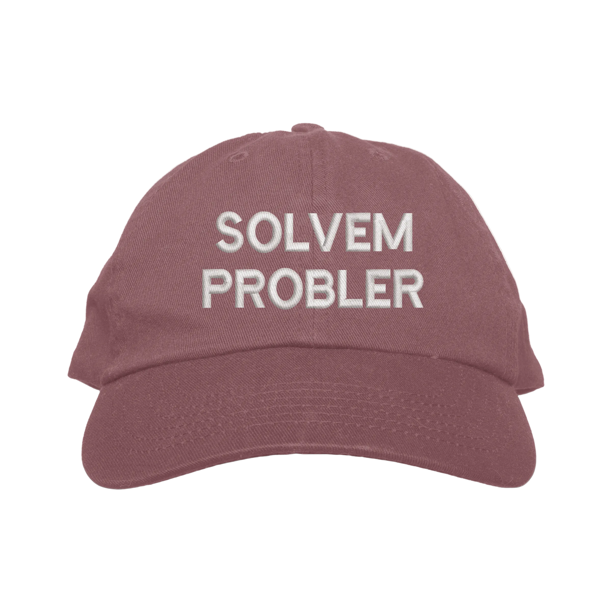 Maroon cap with 'SOLVEM PROBLER' text on a white background