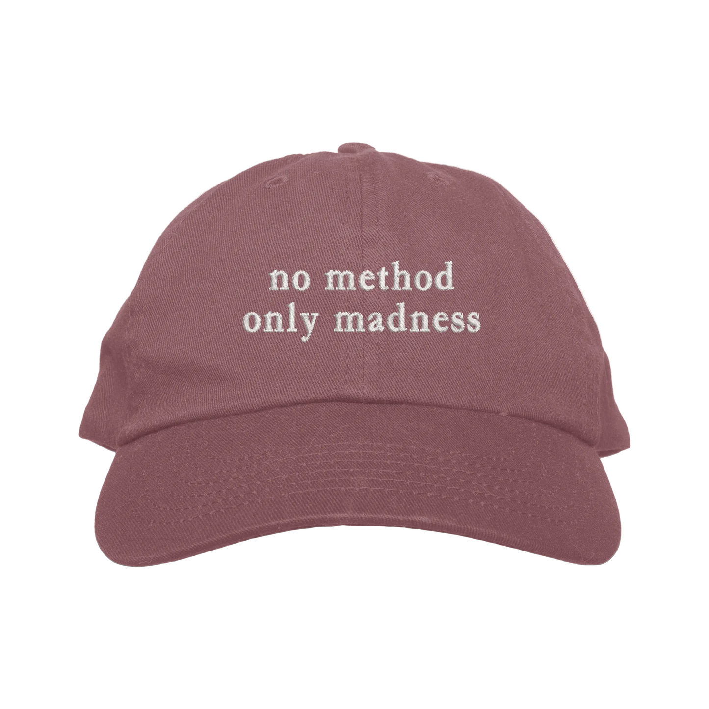 Maroon cap with 'no method only madness' text on a white background
