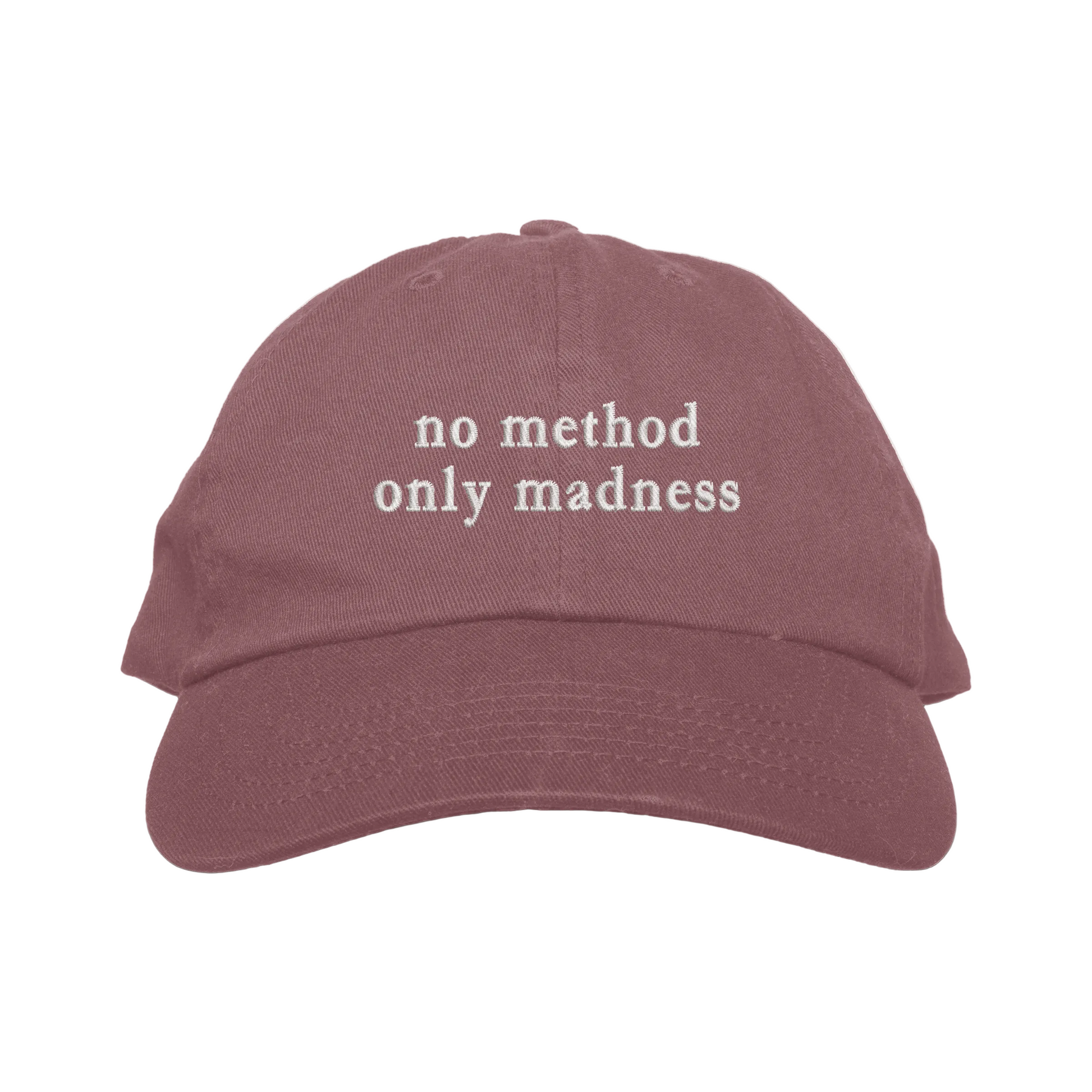 Maroon cap with 'no method only madness' text on a white background