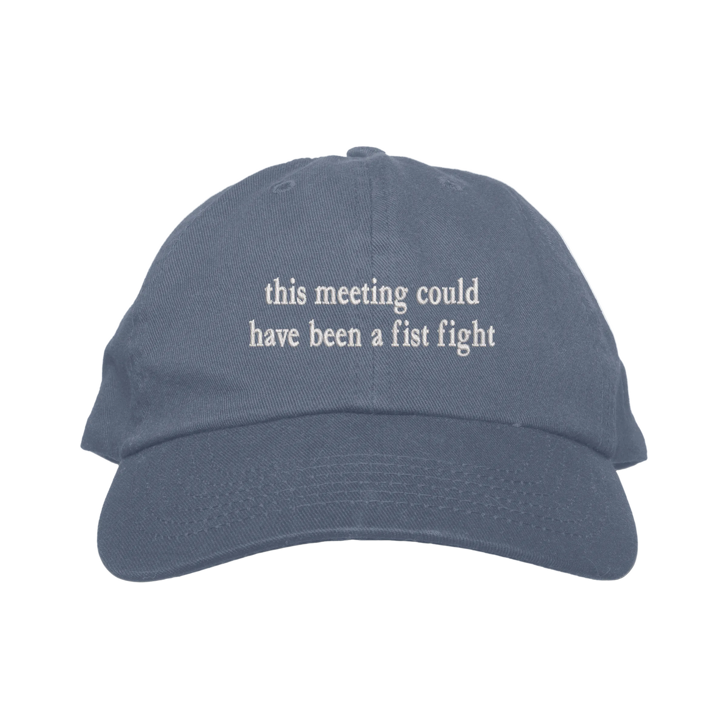 Blue cap with text 'this meeting could have been a fist fight' on a white background
