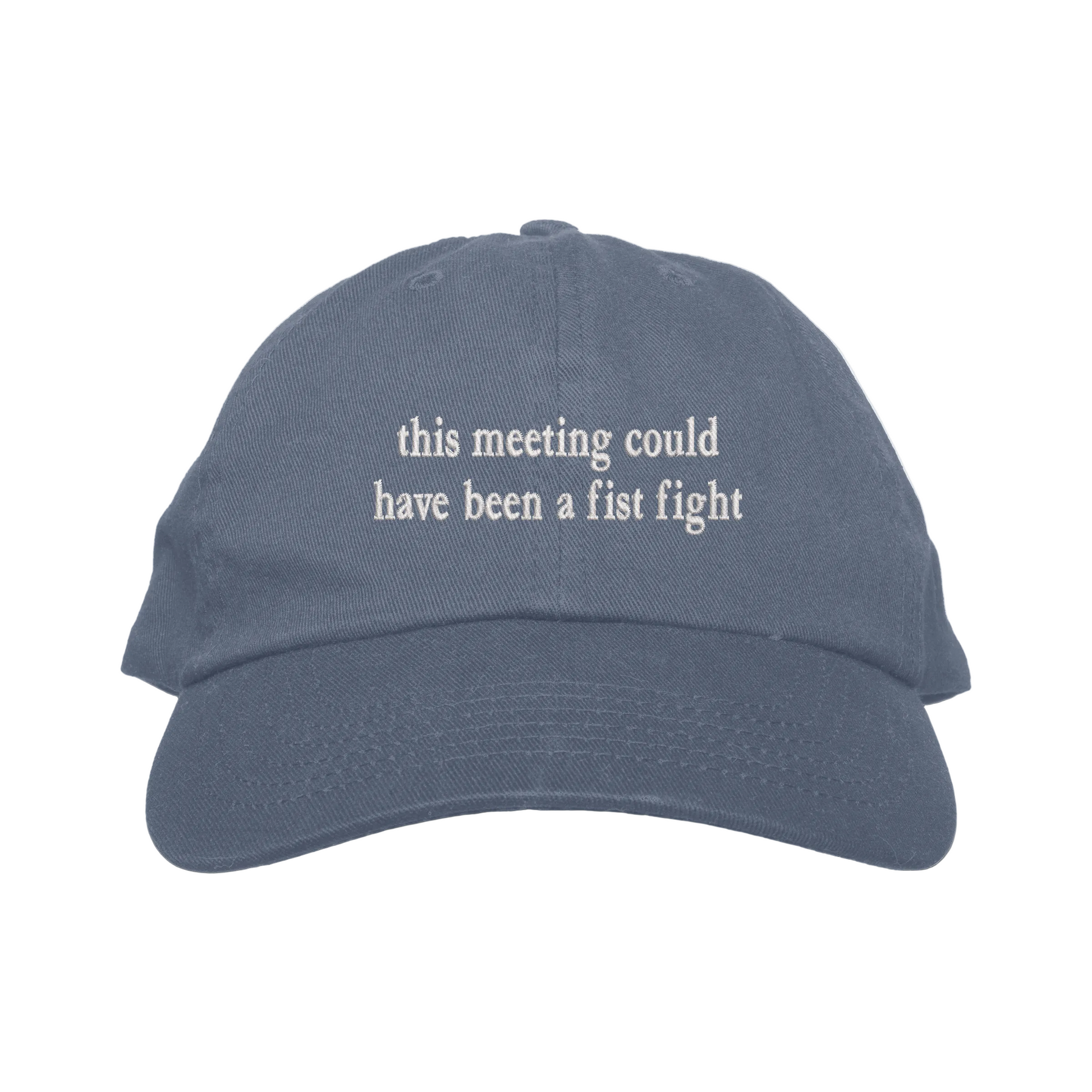 Blue cap with text 'this meeting could have been a fist fight' on a white background