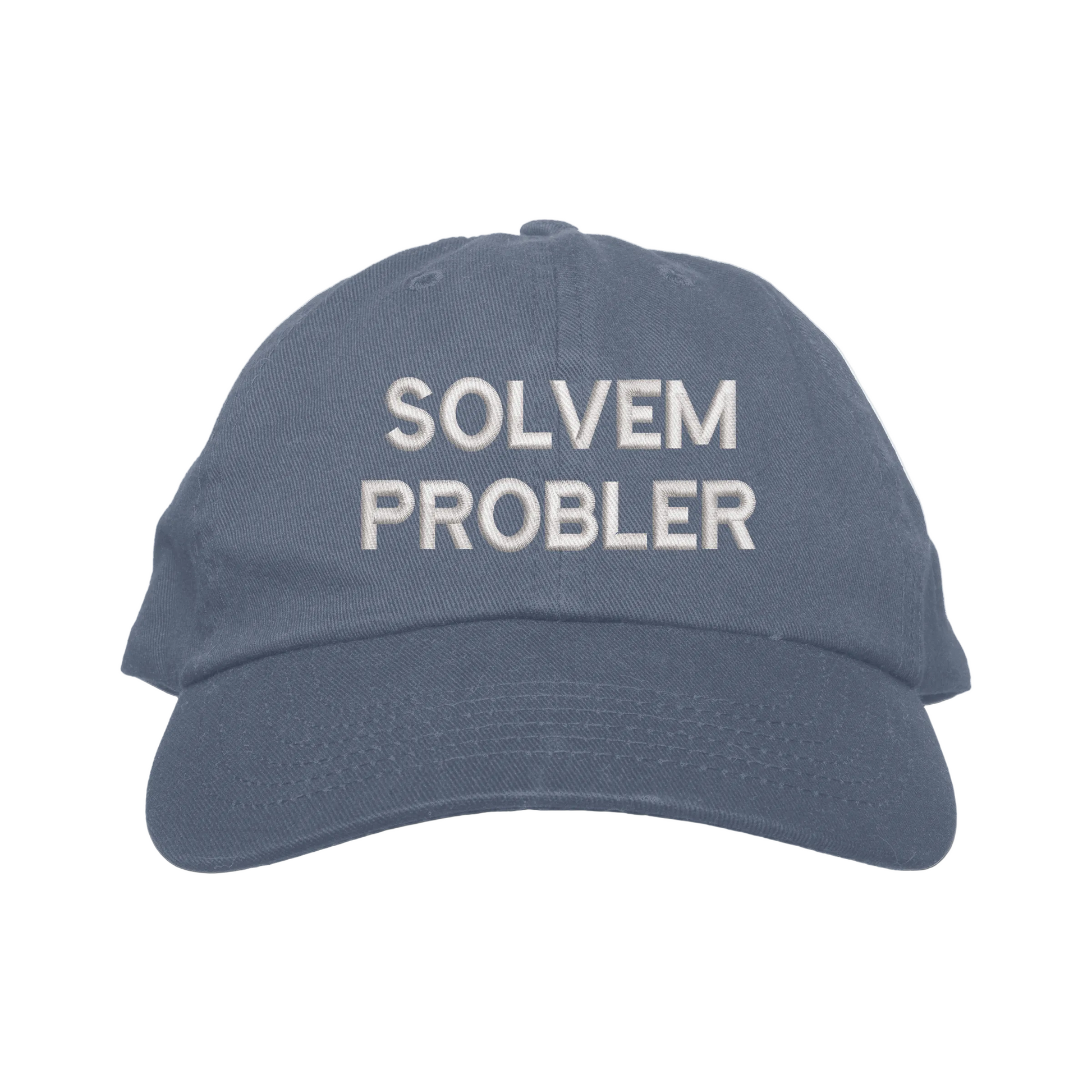 Blue cap with 'SOLVEM PROBLER' text on a white background