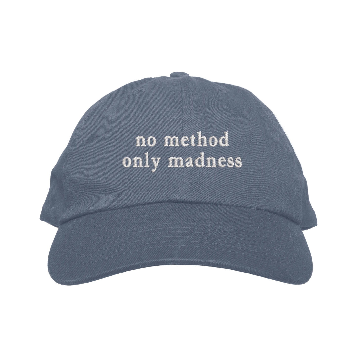 Blue cap with 'no method only madness' text on a white background