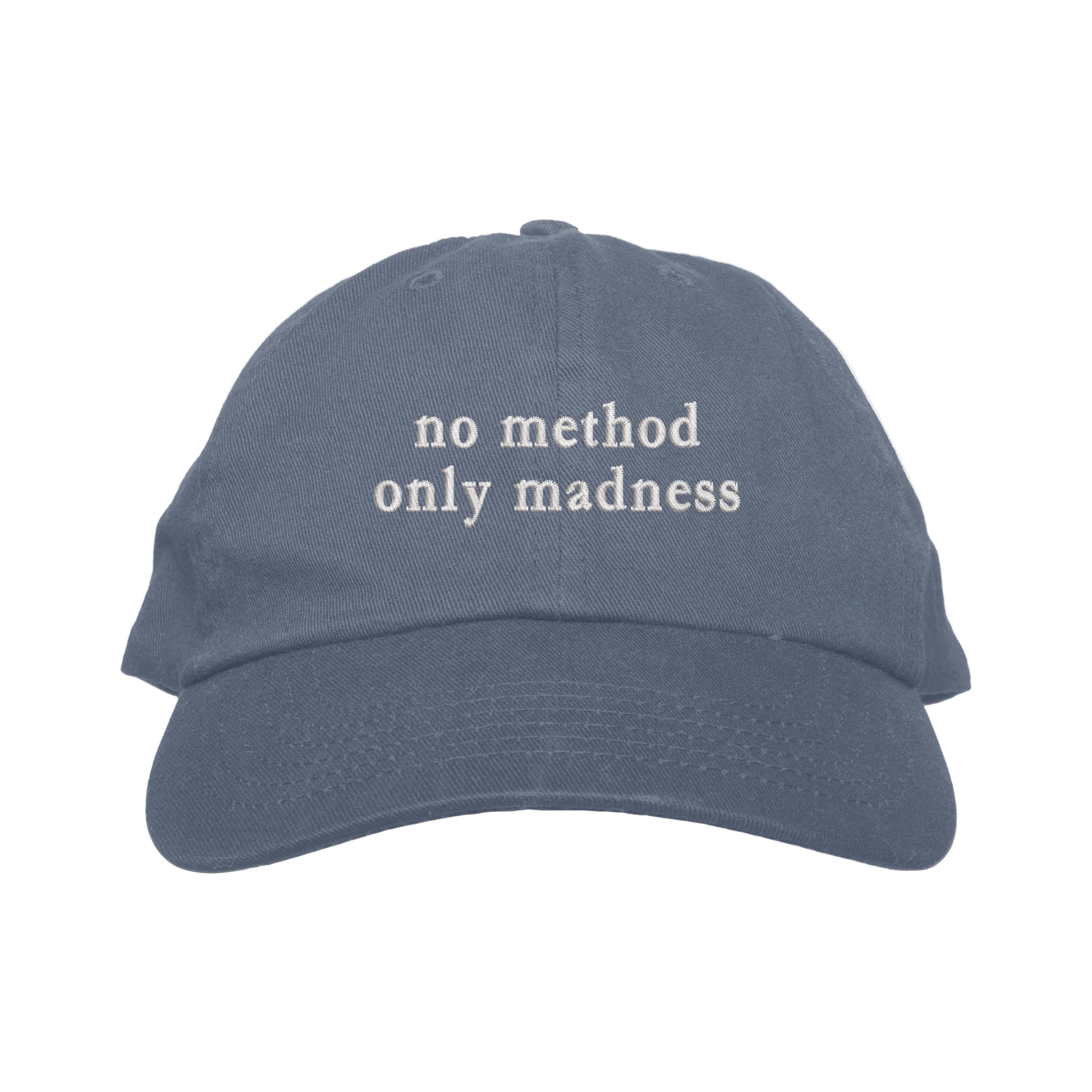 Blue cap with 'no method only madness' text on a white background
